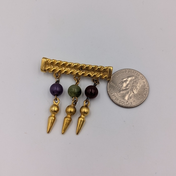 Vintage Gold Tone Unsigned Bar Brooch with Dangles Semiprecious Gemstones Beads - Picture 6 of 9